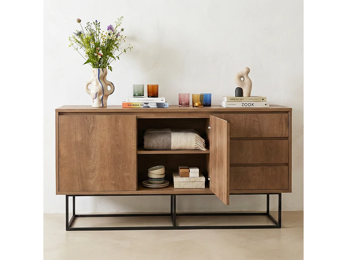 Buffet 2 portes 3 tiroirs effet Noyer 140 cm - Nerio