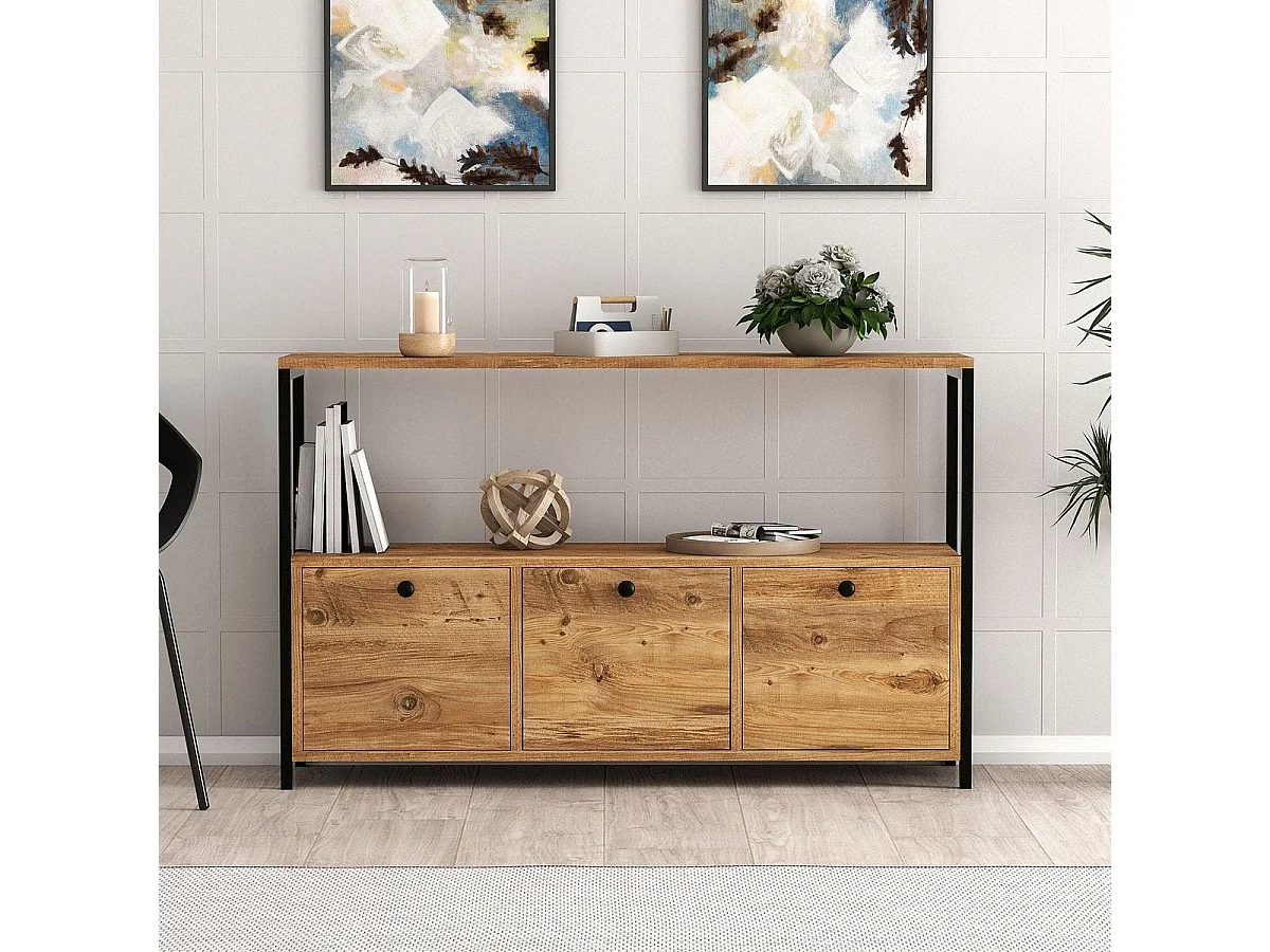 Buffet 3 portes effet bois avec piètement noir 120 cm - Mareva