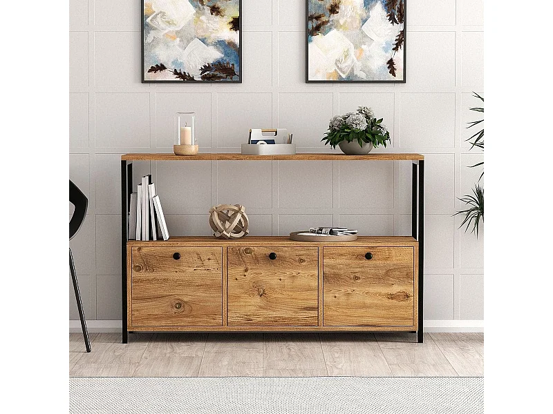 Buffet 3 portes effet bois avec piètement noir 120 cm - Mareva