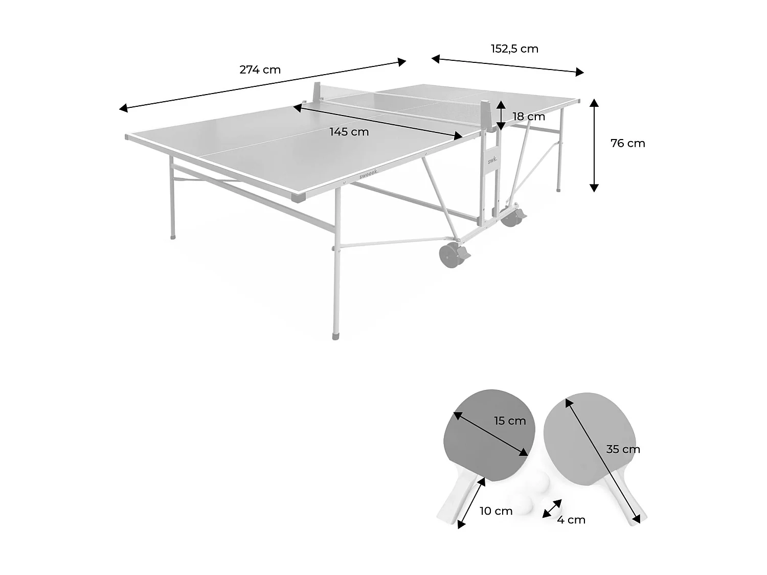 Table de ping pong OUTDOOR gris - table pliable avec 4 raquettes et 6 balles