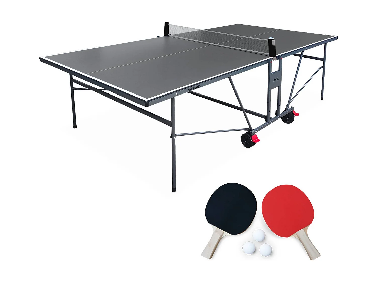 Table de ping pong INDOOR gris - table pliable avec 4 raquettes et 6 balles
