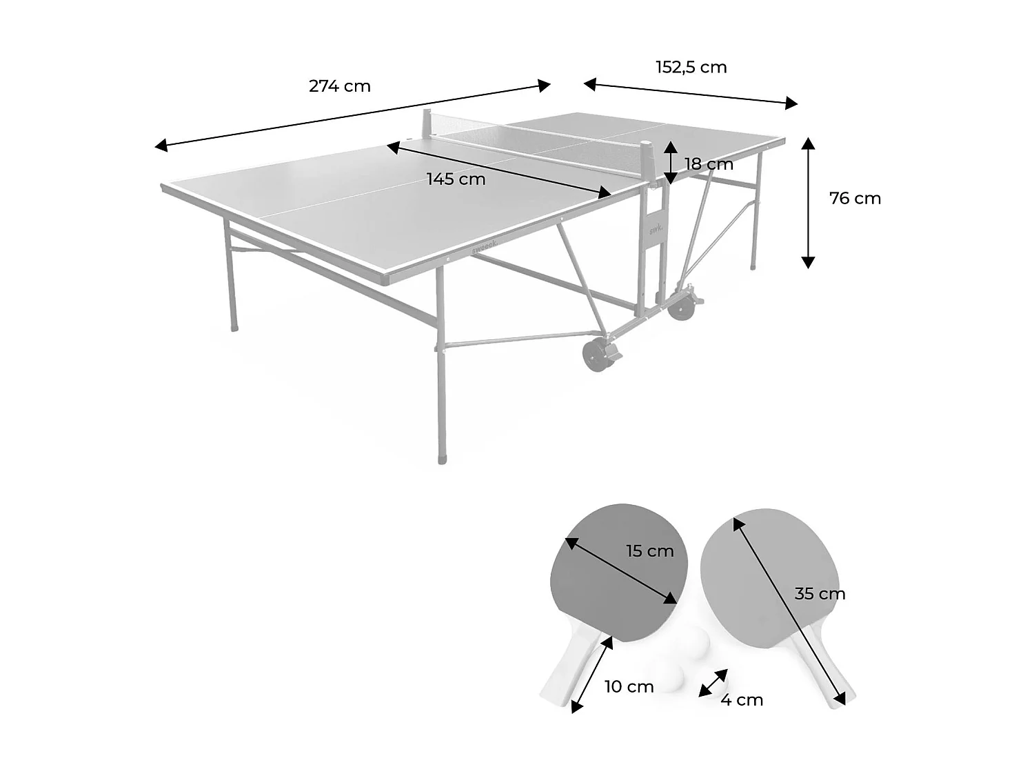 Table de ping pong INDOOR gris - table pliable avec 4 raquettes et 6 balles