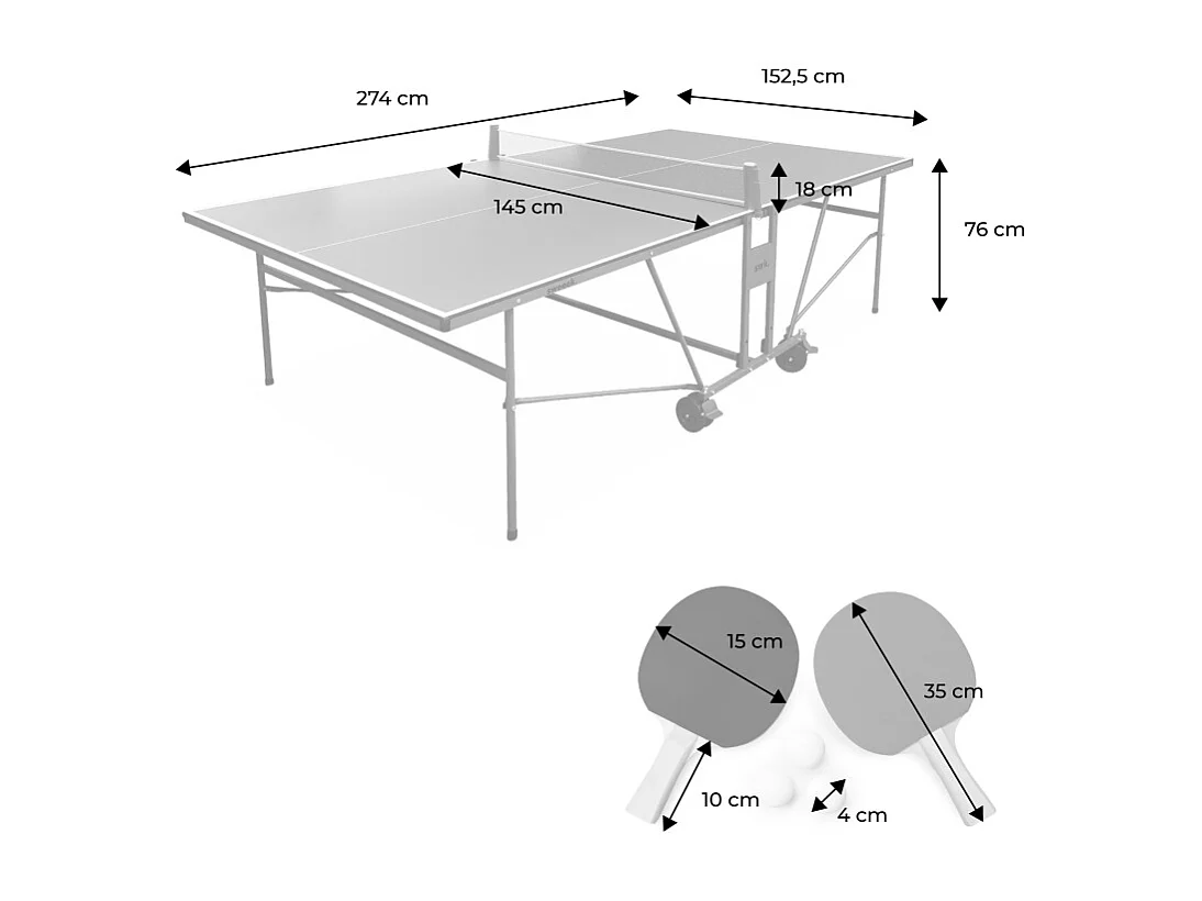 Table de ping pong INDOOR gris - table pliable avec 4 raquettes et 6 balles