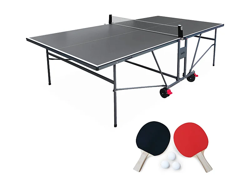 Table de ping pong INDOOR gris - table pliable avec 4 raquettes et 6 balles
