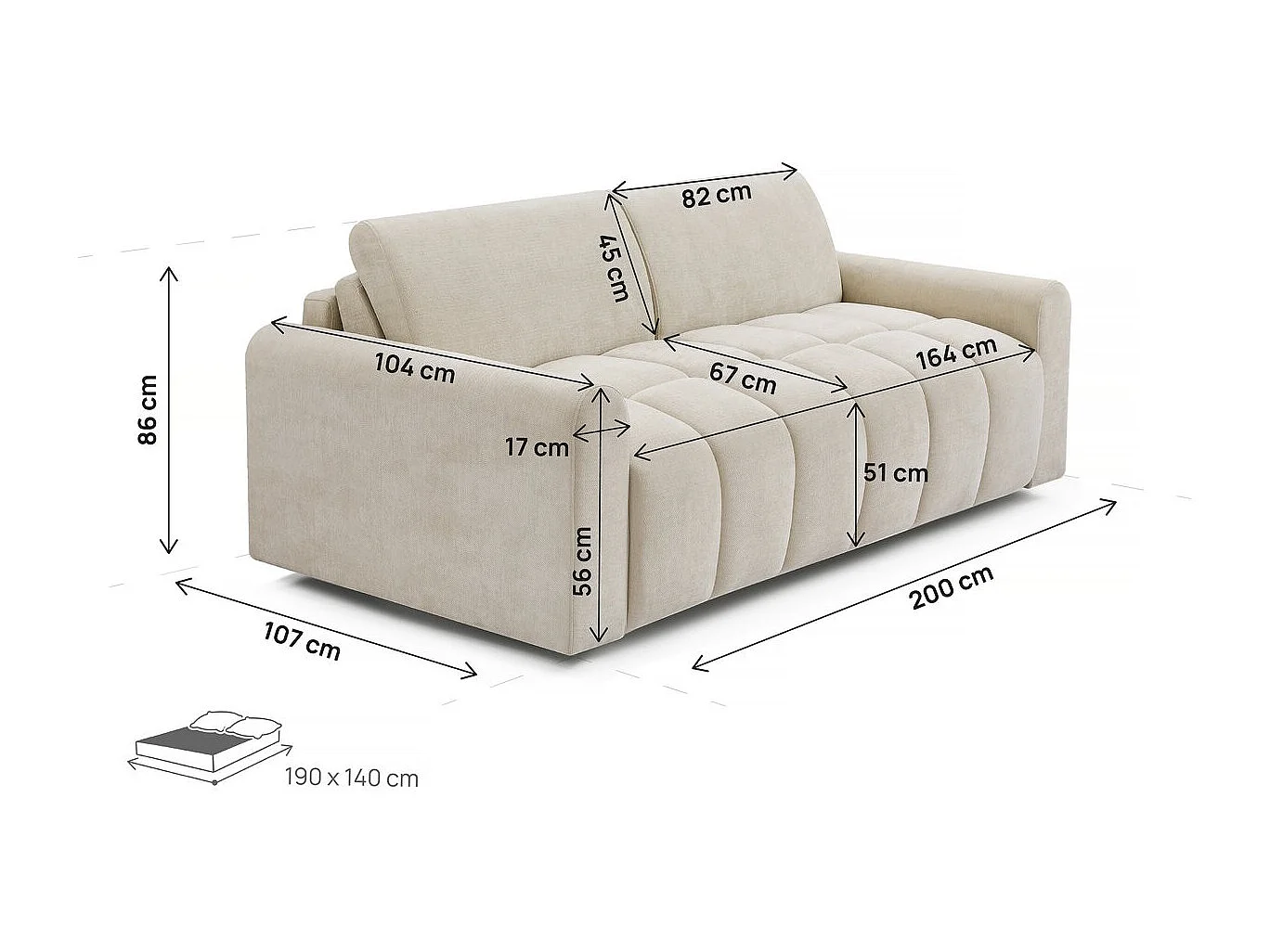 Sofá cama exprés "Isadora" - Colchón 18 cm - Somier 140 cm - 3 plazas - Beige