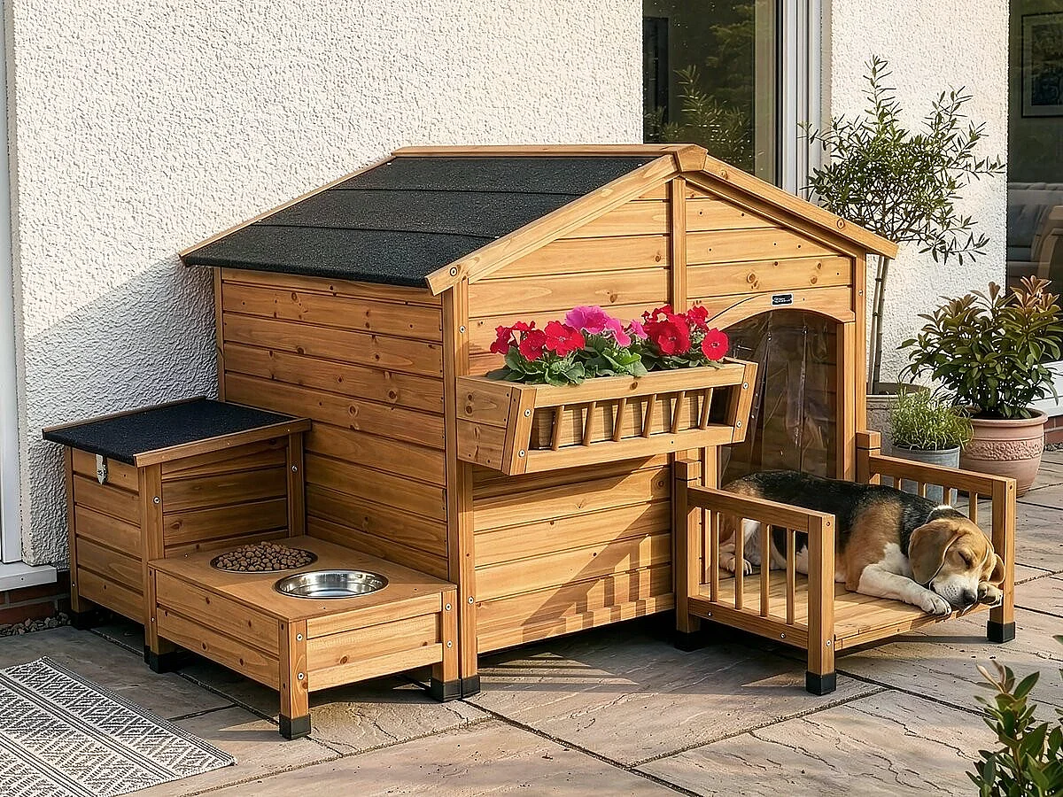 Caseta de madera "Rusty" para perro 151x138x100 cm con comedero integrado, baúl de almacenamiento y balcón marrón