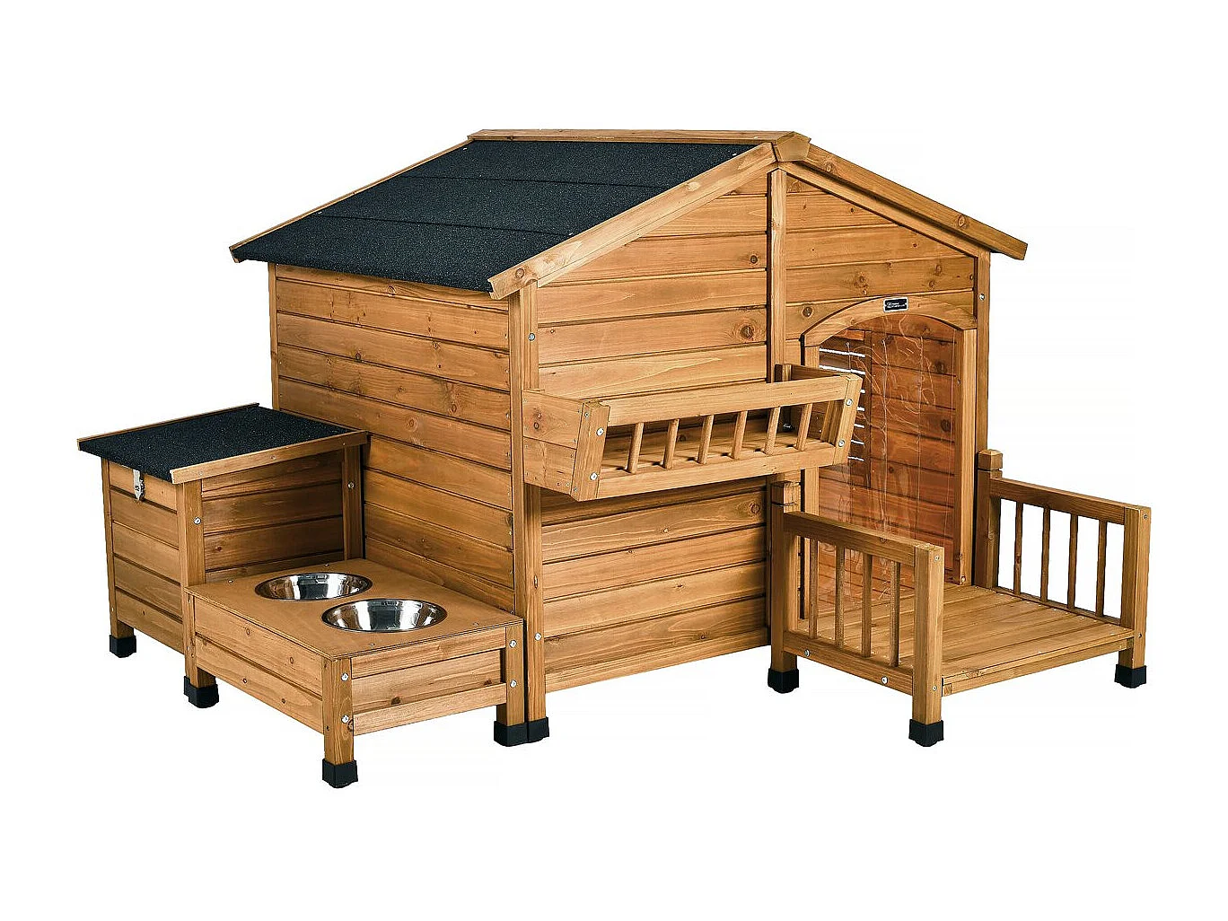 Caseta de madera "Rusty" para perro 151x138x100 cm con comedero integrado, baúl de almacenamiento y balcón marrón