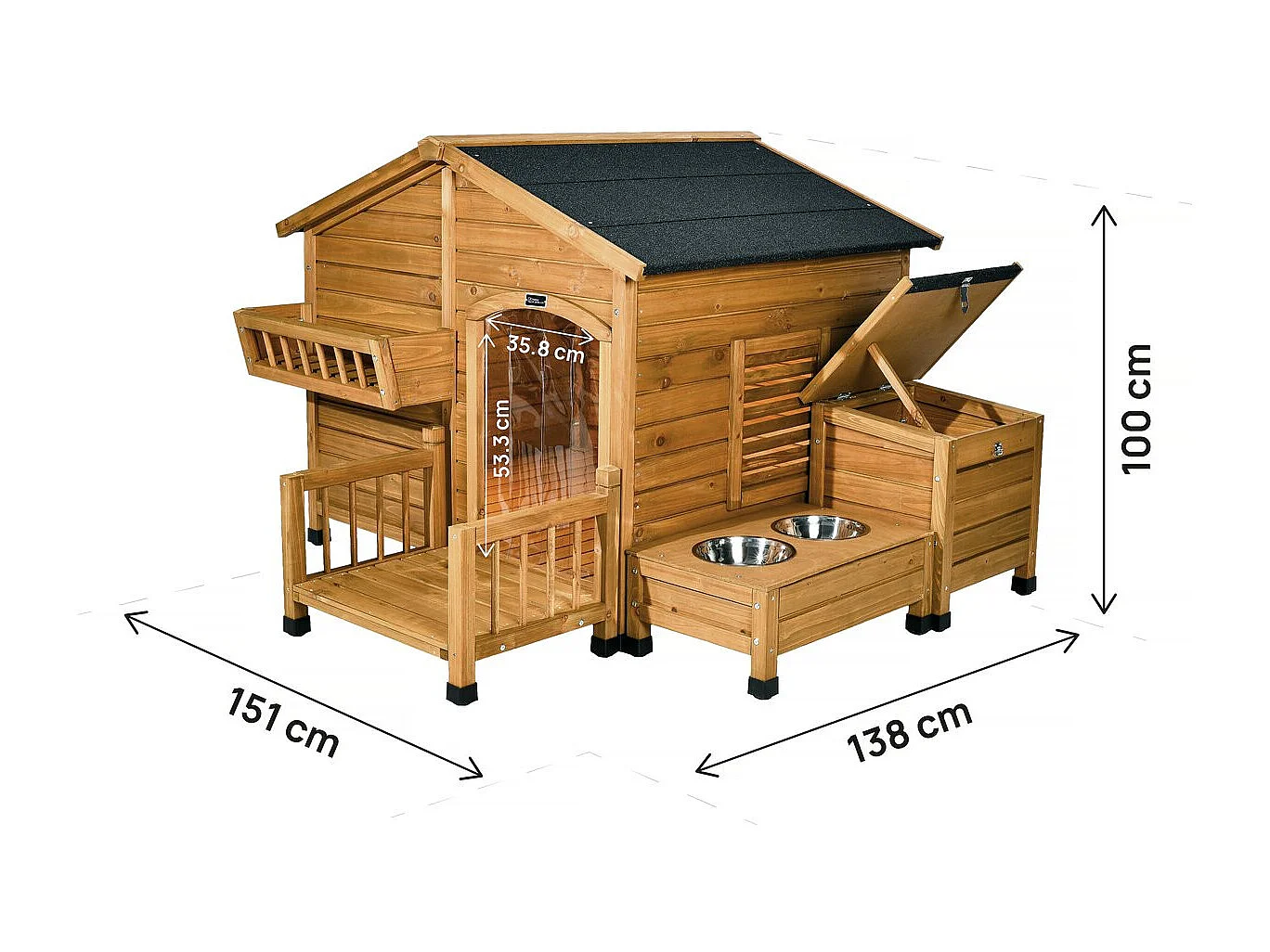 Caseta de madera "Rusty" para perro 151x138x100 cm con comedero integrado, baúl de almacenamiento y balcón marrón