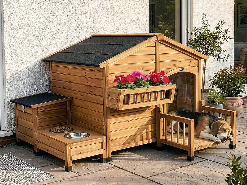 Caseta de madera "Rusty" para perro 151x138x100 cm con comedero integrado, baúl de almacenamiento y balcón marrón