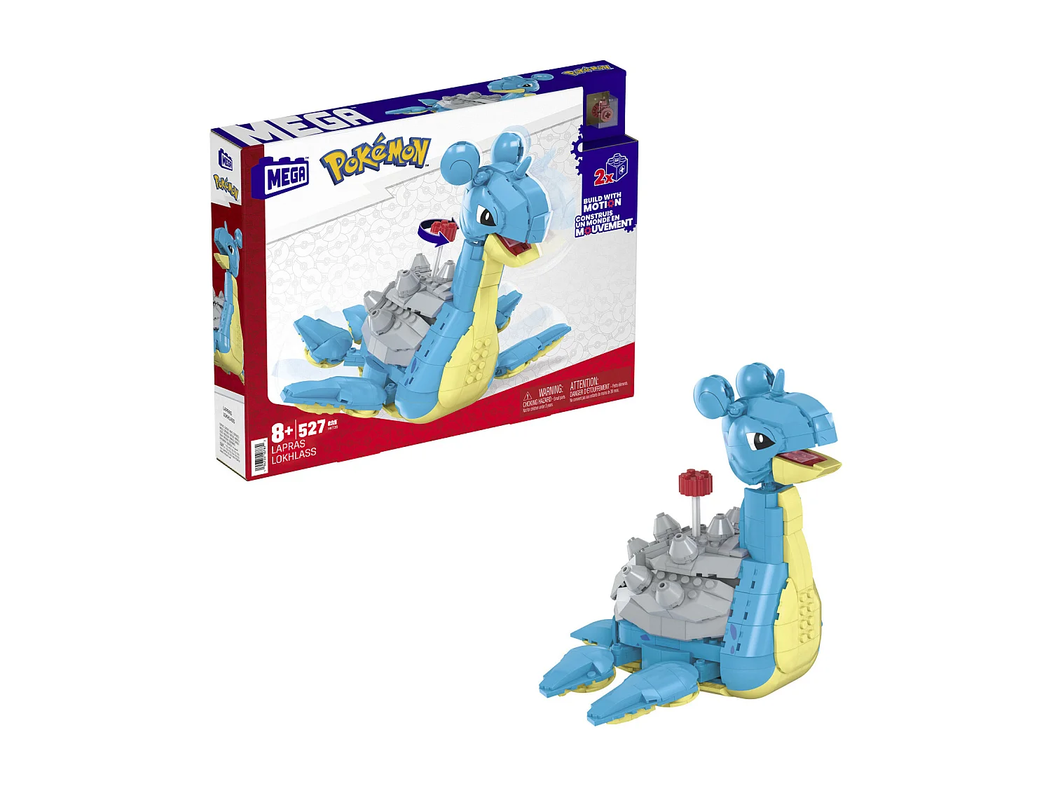MEGA Pokémon HKT26 Lokhlass - Bewegliches Konstruktionsspielzeug 17 cm mit Motion-Bricks, 527 Kunststoffteile