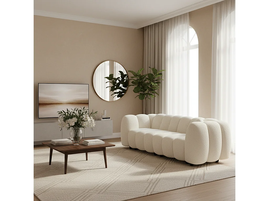 Divano conchiglia in tessuto bouclé, 3 posti, crema