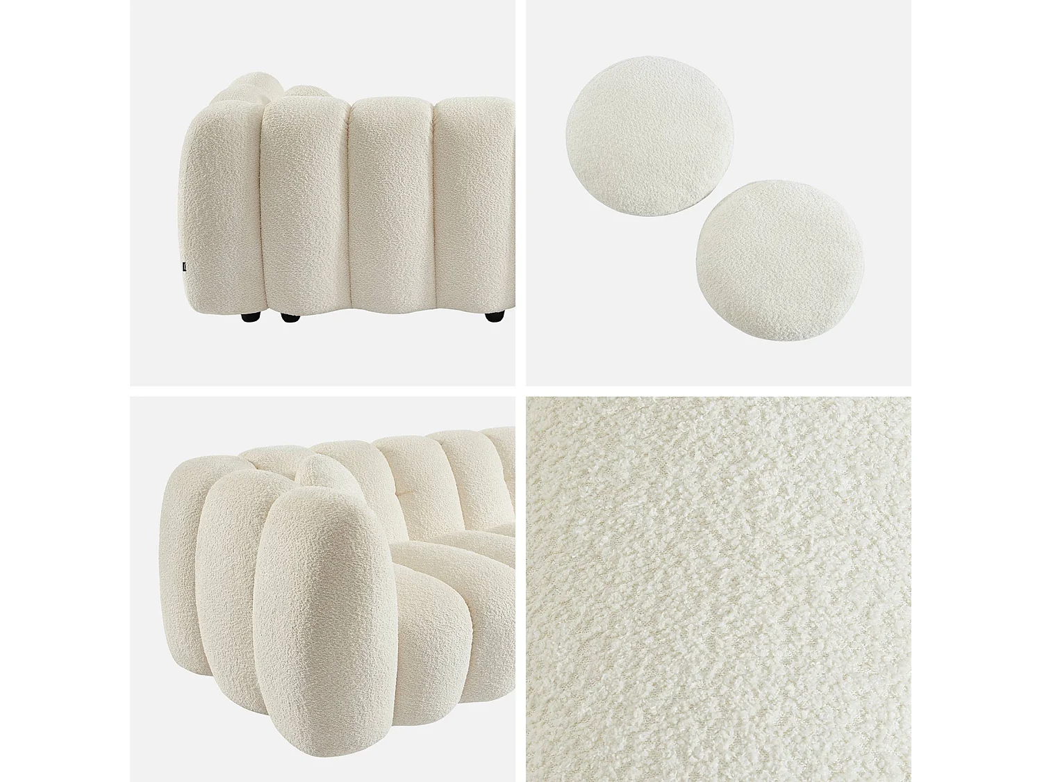 Canapé 3 places coquillage en bouclette blanc L 221 x P 100 x H 76cm - Perla