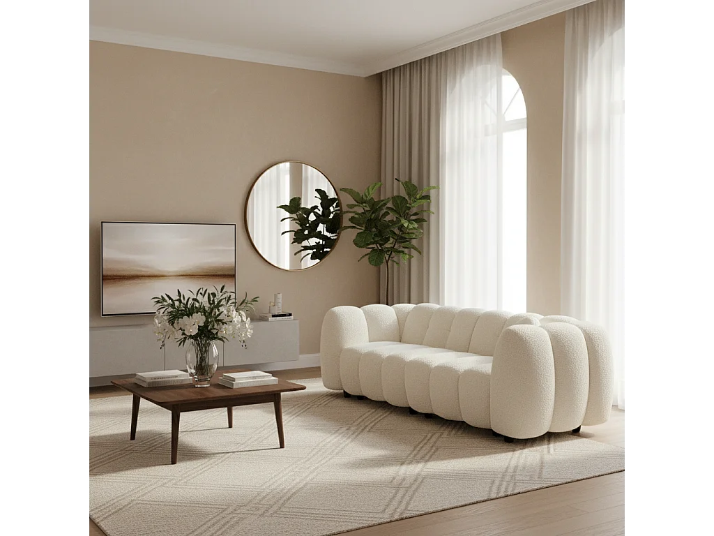 Canapé 3 places coquillage en bouclette blanc L 221 x P 100 x H 76cm - Perla