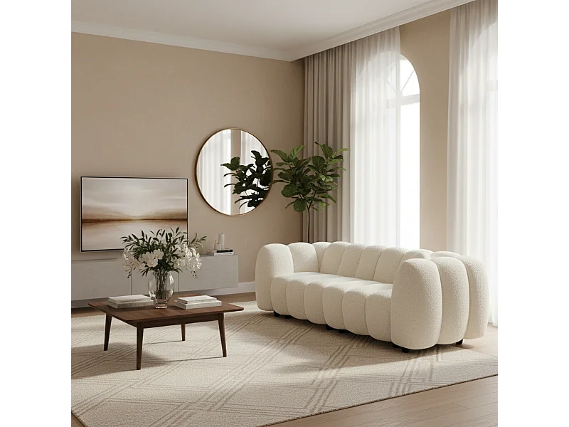 Divano conchiglia in tessuto bouclé, 3 posti, crema