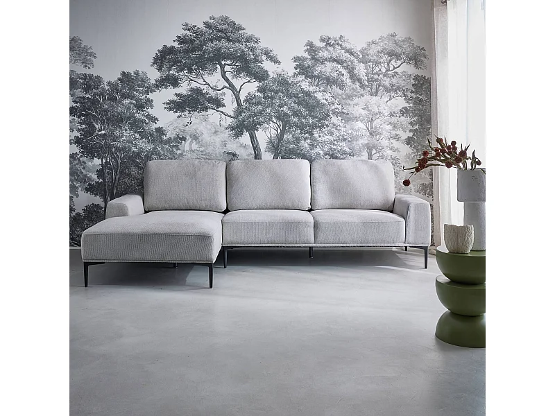 Divano angolare sinistro in tessuto e metallo, 3 posti, grigio chiaro