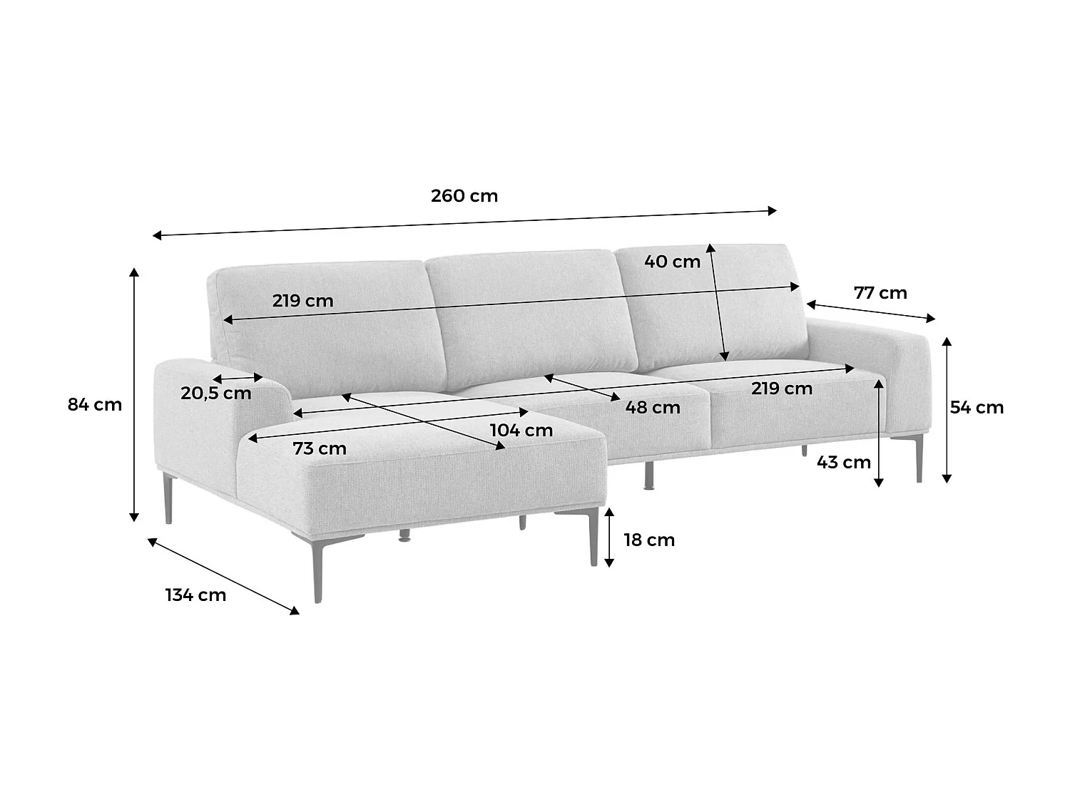Canapé 3 places gris foncé angle gauche et structure / piètement métal noir