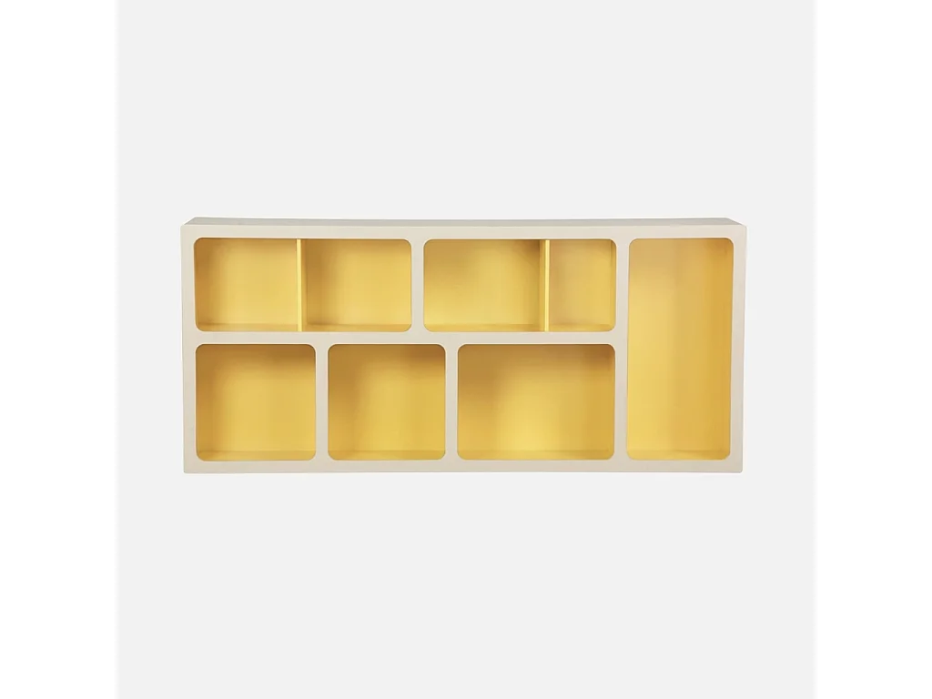 Etagère bibliothèque organique décor bois 8 compartiments jaune - Agatha