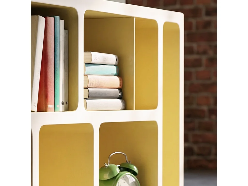 Etagère bibliothèque organique décor bois 8 compartiments jaune - Agatha