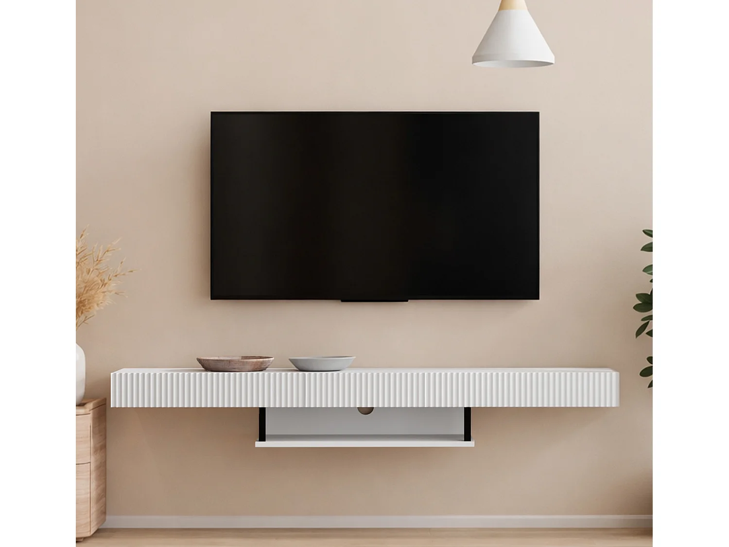 Meuble TV suspendu pour Salon Salle à manger en Blanc 150x40x22cm Renzo