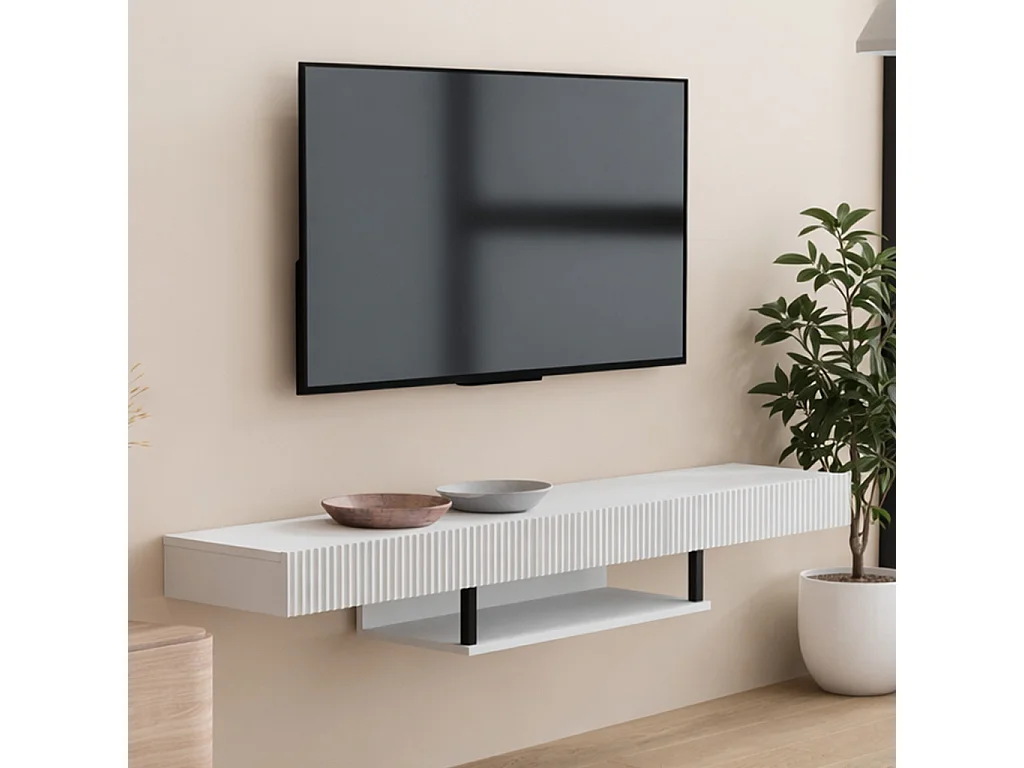 Meuble TV suspendu pour Salon Salle à manger en Blanc 150x40x22cm Renzo
