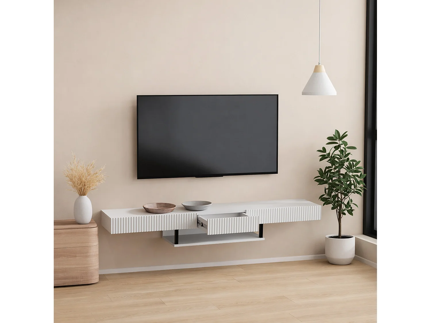 Meuble TV suspendu pour Salon Salle à manger en Blanc 150x40x22cm Renzo