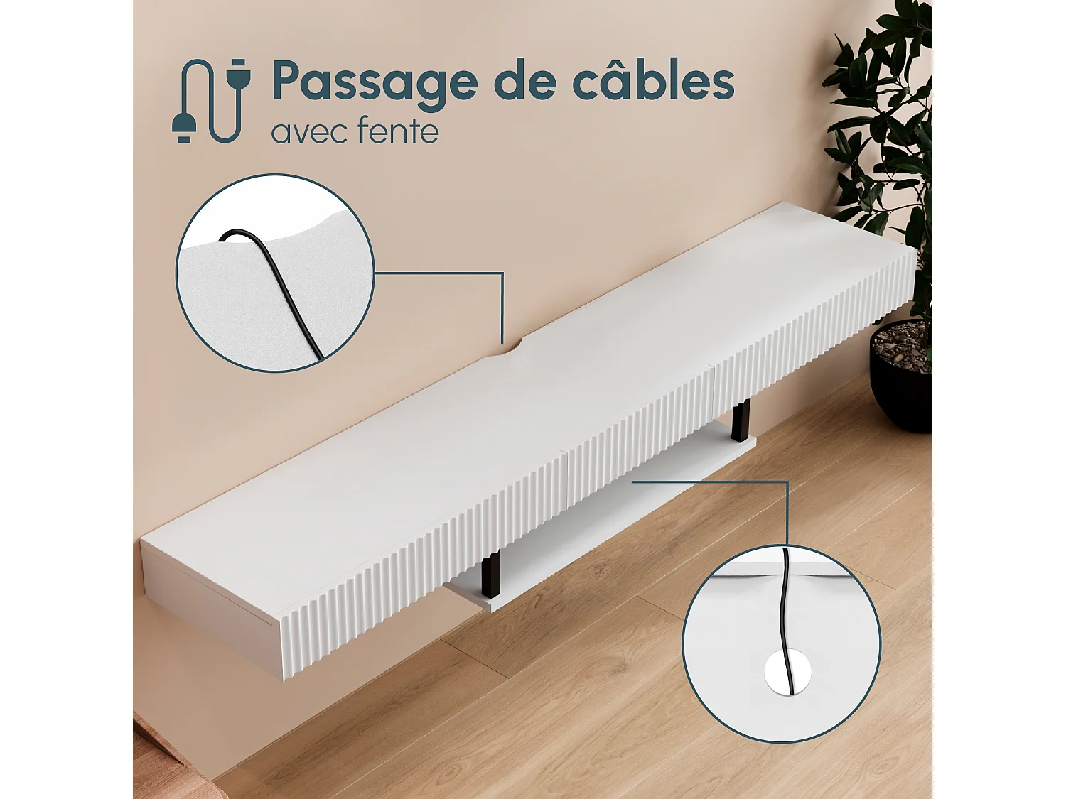 Meuble TV suspendu pour Salon Salle à manger en Blanc 150x40x22cm Renzo