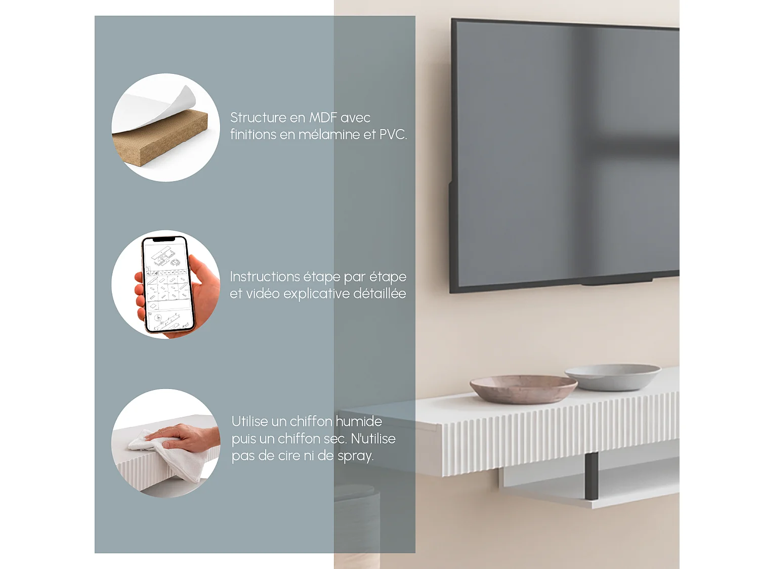 Meuble TV suspendu pour Salon Salle à manger en Blanc 150x40x22cm Renzo