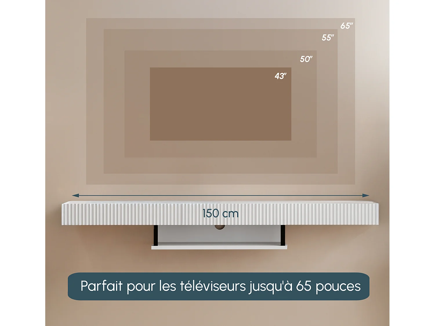 Meuble TV suspendu pour Salon Salle à manger en Blanc 150x40x22cm Renzo