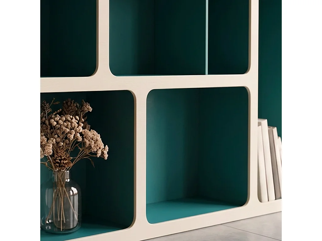 Etagère bibliothèque organique décor bois 8 compartiments bleu - Agatha