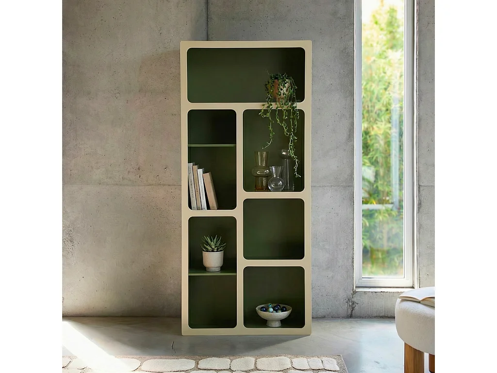 Etagère bibliothèque organique décor bois 8 compartiments kaki - Agatha