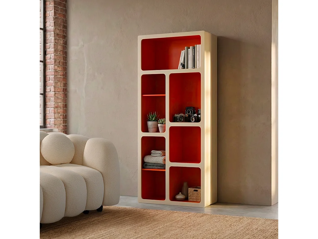 Etagère bibliothèque organique décor bois 8 compartiments orange - Agatha