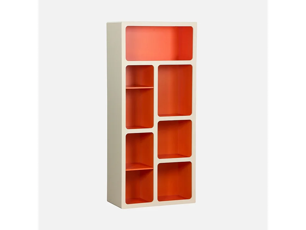 Libreria organica in legno bicolore con 8 scomparti, arancione