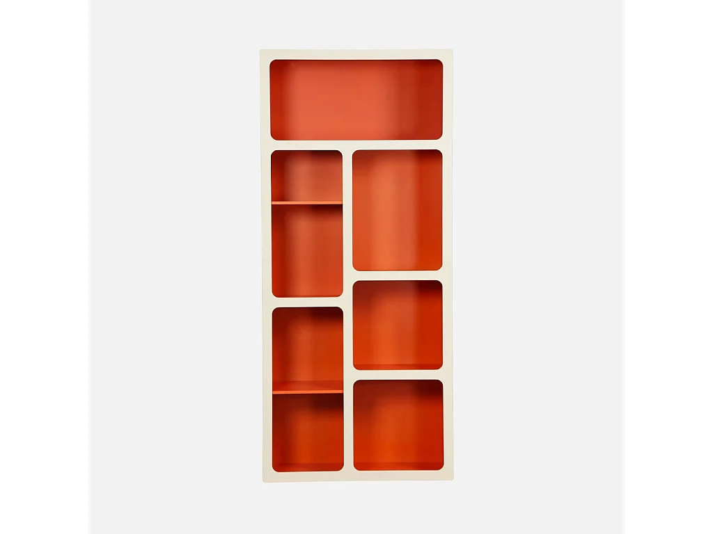Libreria organica in legno bicolore con 8 scomparti, arancione