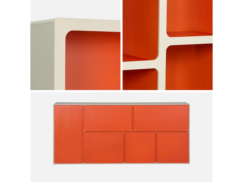 Libreria organica in legno bicolore con 8 scomparti, arancione