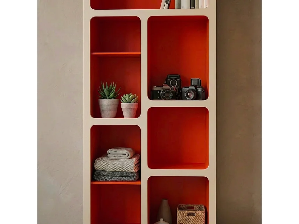 Libreria organica in legno bicolore con 8 scomparti, arancione
