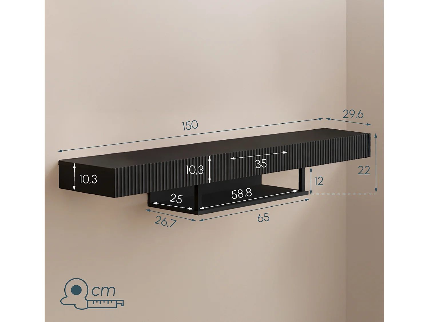 Mueble TV colgante para Salón comedor en Negro 150x40x22cm Renzo