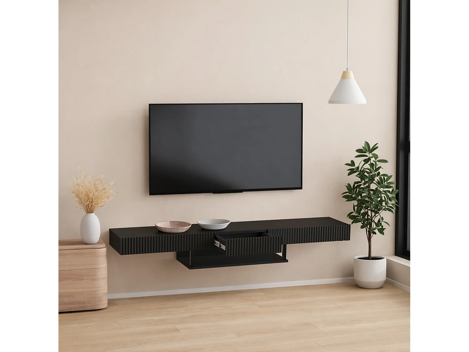 Meuble TV suspendu pour Salon Salle à manger en Noir 150x40x22cm Renzo