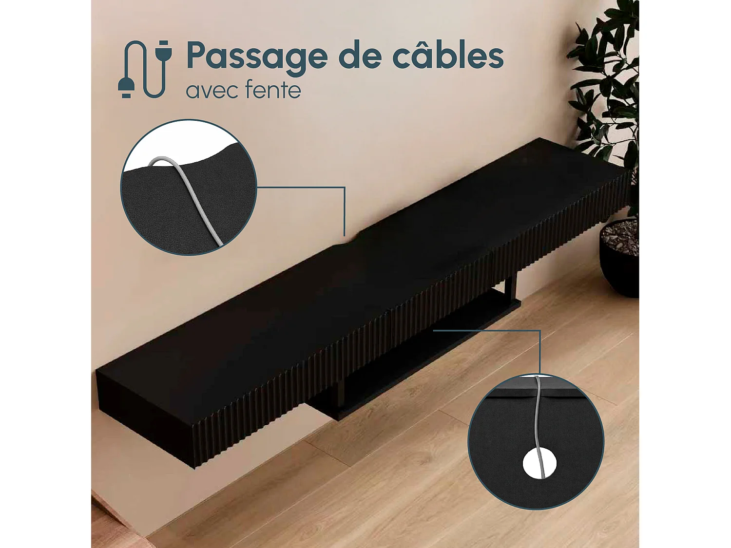 Meuble TV suspendu pour Salon Salle à manger en Noir 150x40x22cm Renzo
