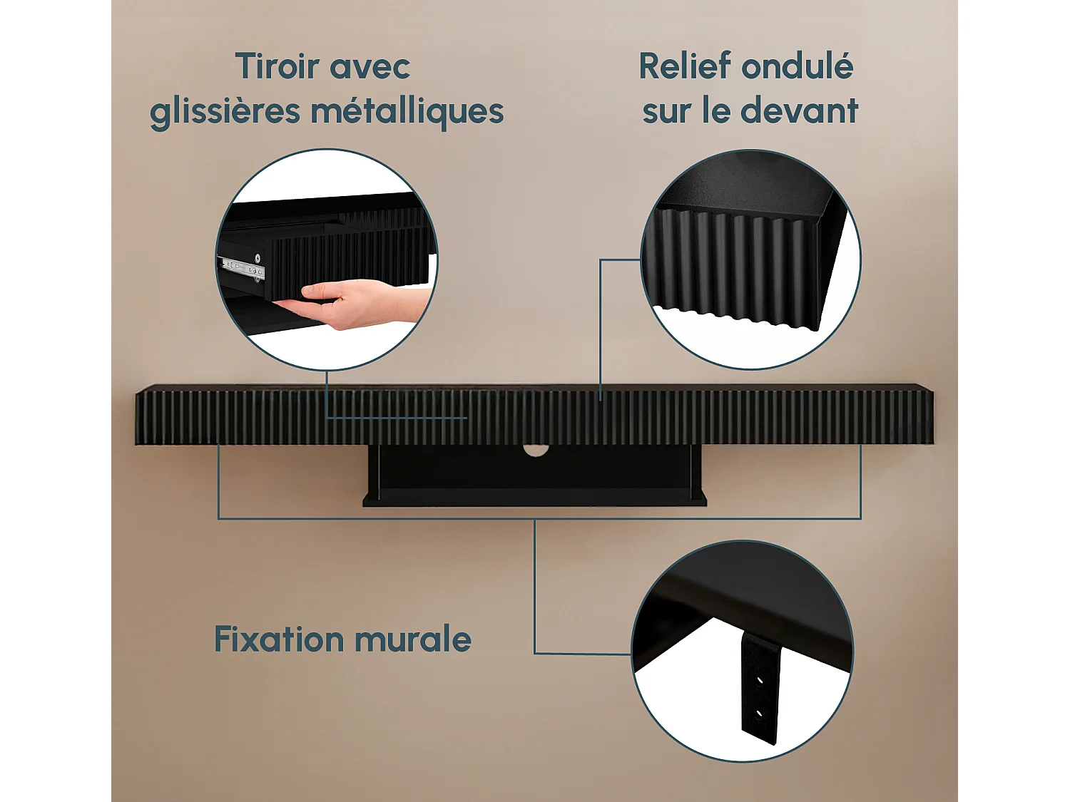 Meuble TV suspendu pour Salon Salle à manger en Noir 150x40x22cm Renzo