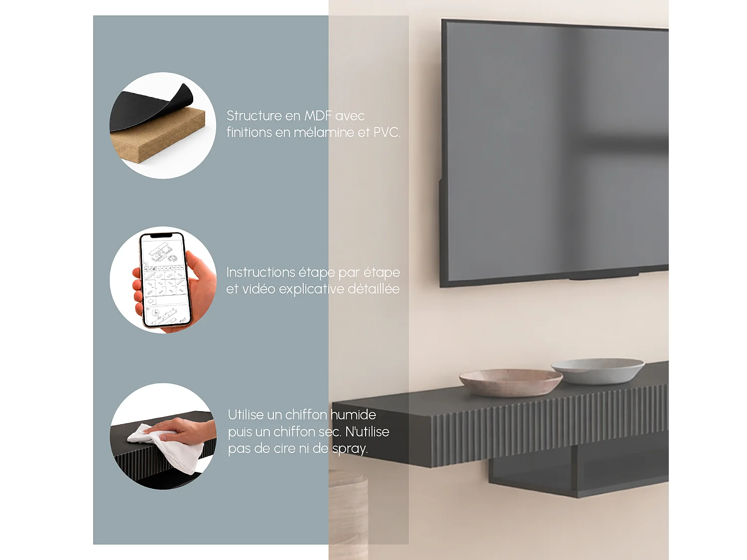 Meuble TV suspendu pour Salon Salle à manger en Noir 150x40x22cm Renzo
