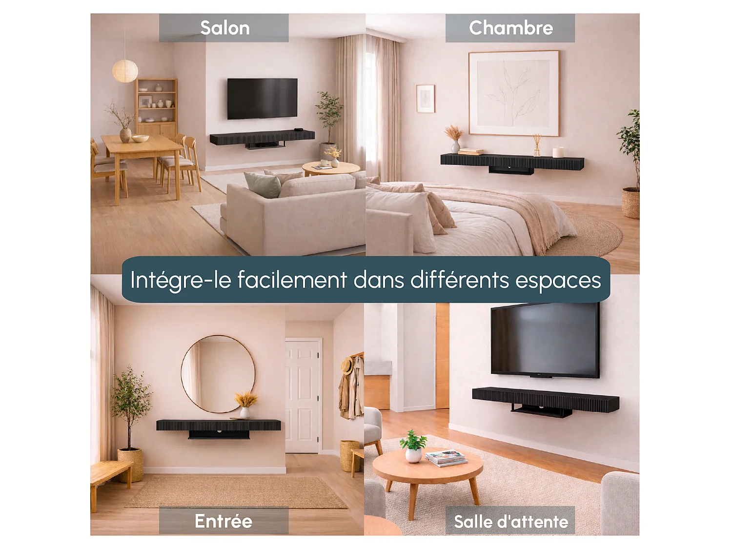 Meuble TV suspendu pour Salon Salle à manger en Noir 150x40x22cm Renzo