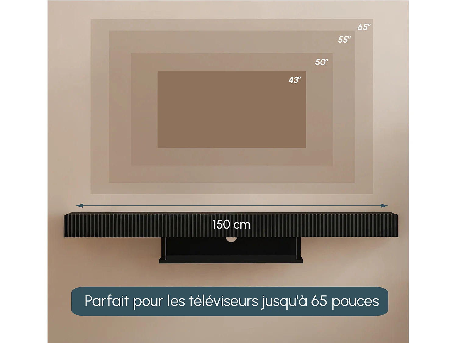 Meuble TV suspendu pour Salon Salle à manger en Noir 150x40x22cm Renzo