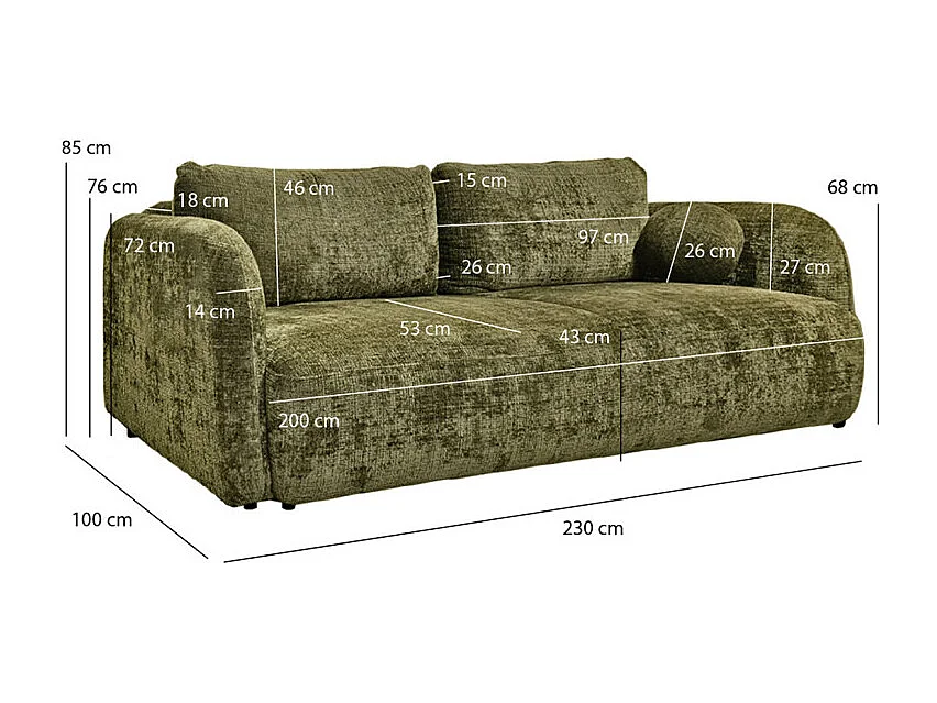 Canapé convertible L. 230 cm en tissu doux vert avec coffre - FIRA