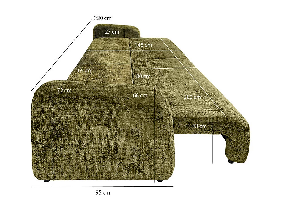 Canapé convertible L. 230 cm en tissu doux vert avec coffre - FIRA
