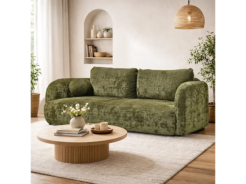 Canapé convertible L. 230 cm en tissu doux vert avec coffre - FIRA