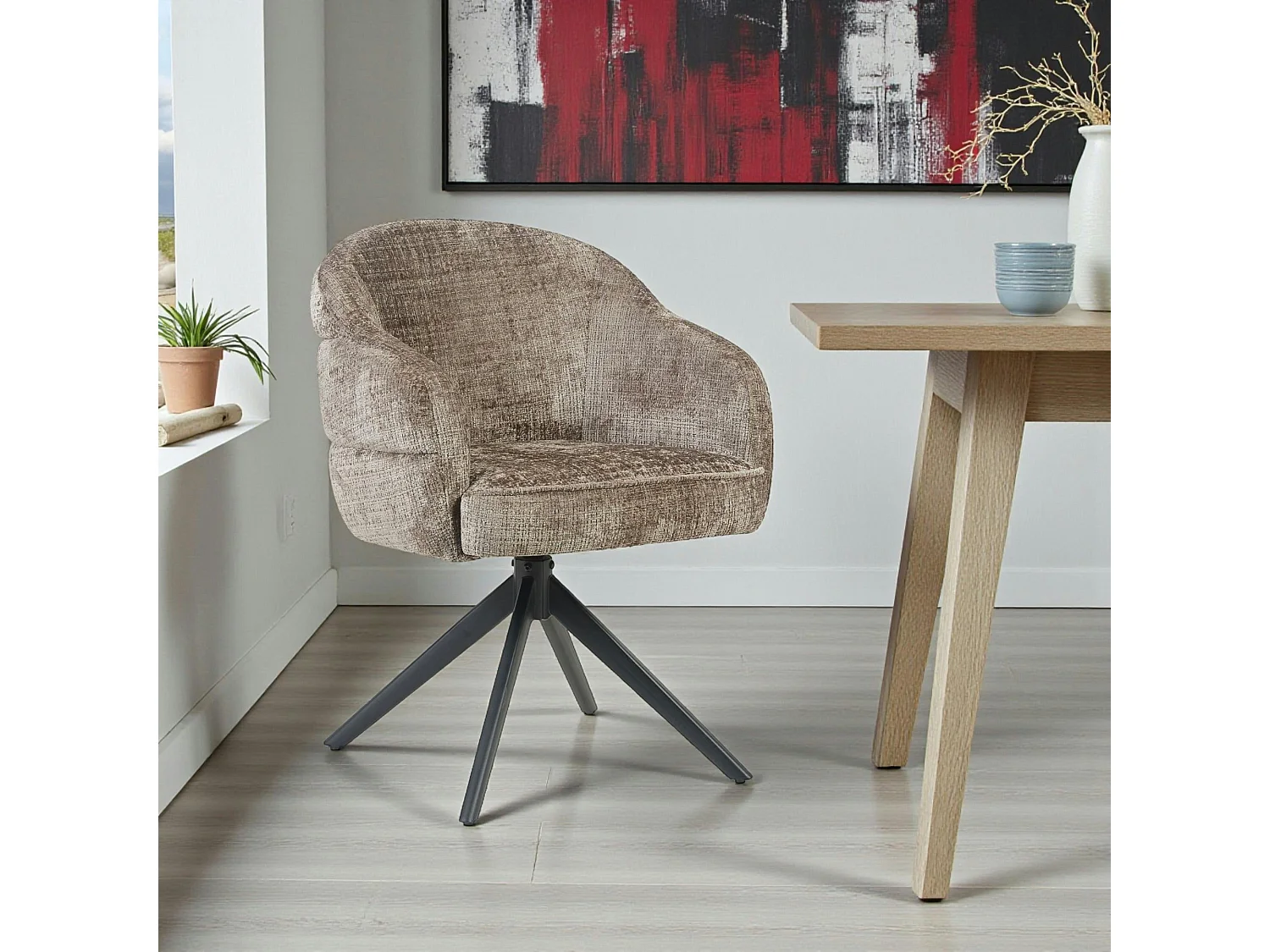 Chaise pivotante tissu marron chenille pied noir (x2) CORTINA