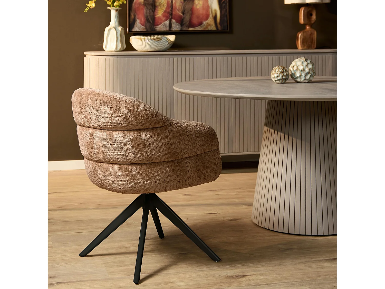 Chaise pivotante tissu cannelle chenille pied noir (x2) CORTINA