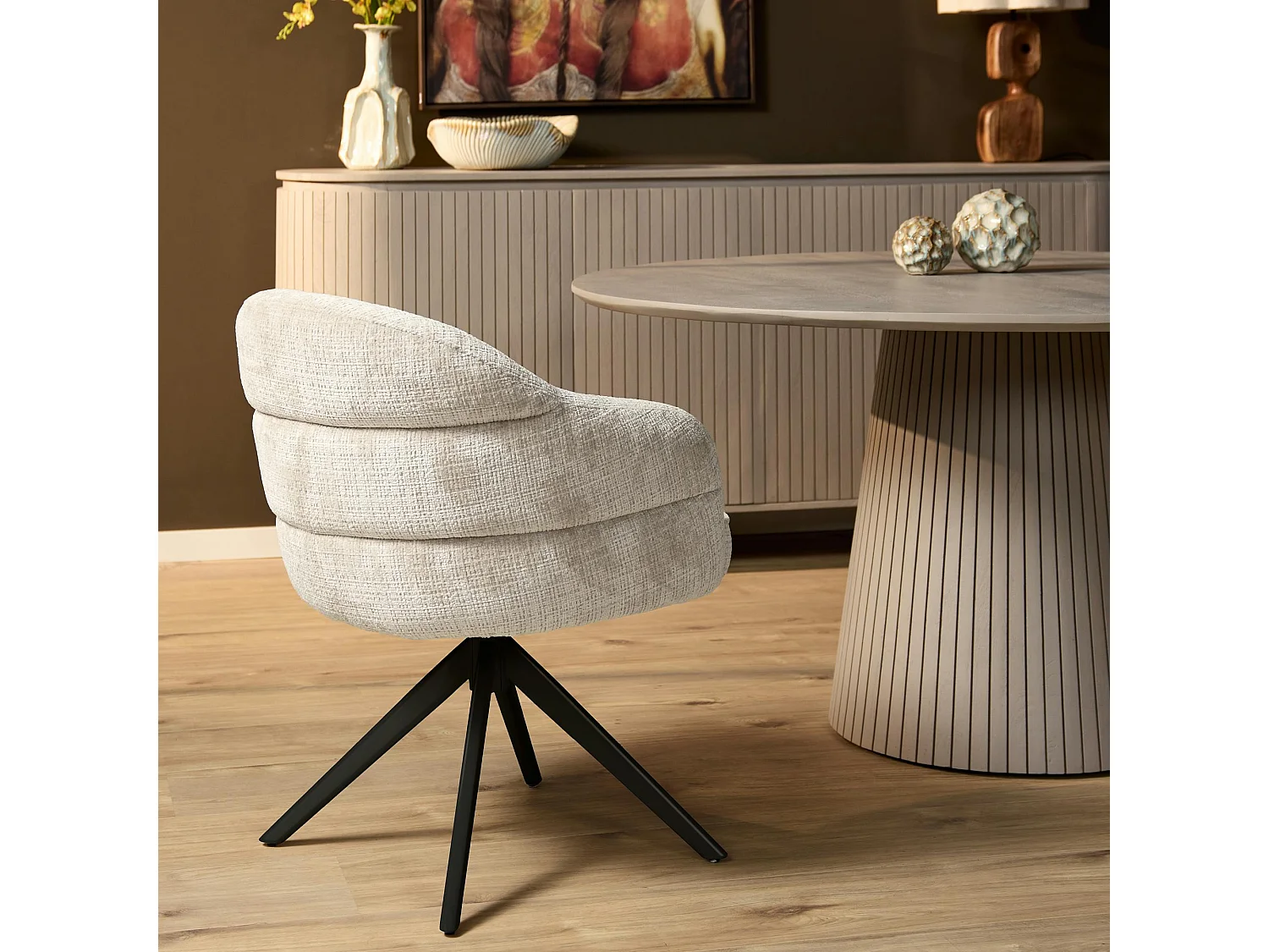 Chaise pivotante tissu blanc chenille pied noir (x2) CORTINA