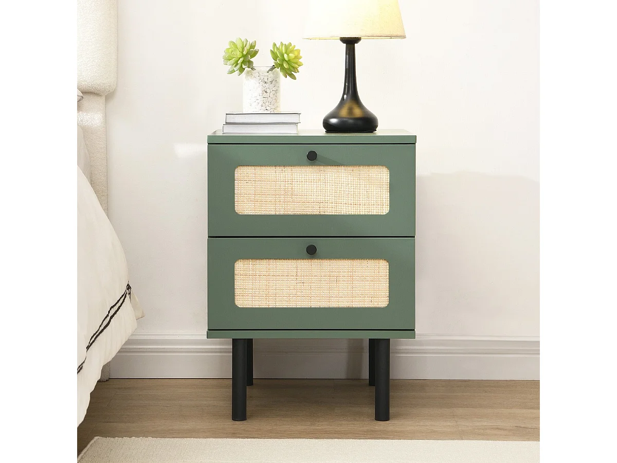 Table de chevet 2 tiroirs vert et cannage 40 cm - Luma