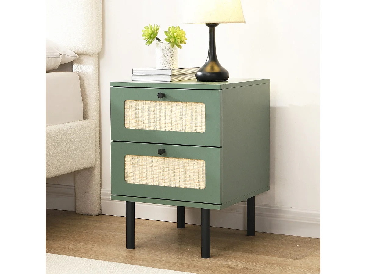 Table de chevet 2 tiroirs vert et cannage 40 cm - Luma